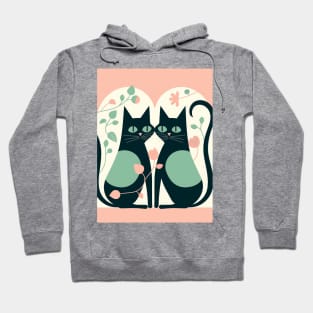 "Whimsical Cat Romance" - A vintage-style flat illustration of two cats in love with a playful feel and less saturated colors. Hoodie